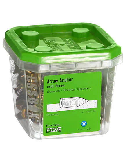Plastbehållare med grönt lock innehållande gipsankare. Etiketttext: "Arrow Anchor excl. Screw, Pcs 100".