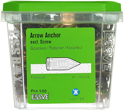 Plastbehållare med grönt lock innehållande "Arrow Anchor excl. Screw, Pcs 100, Art. 645038" för gipsskivor.