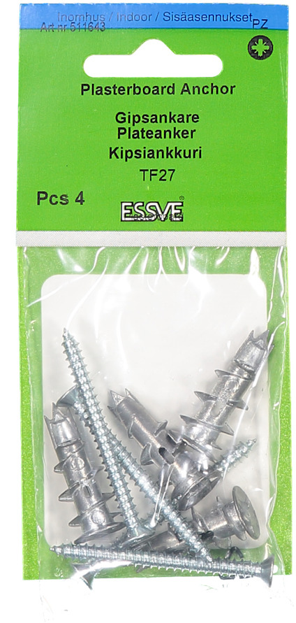 Förpackning med fyra gipssankare och skruvar från märket ESSVE, artikelnummer TF27.