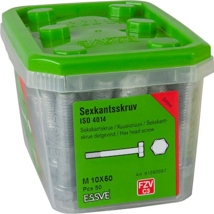 Förpackning med sexkantsskruvar, etikett visar ISO 4014, M 10x50, 50 st, ESSVE-varumärke. Grön lock.