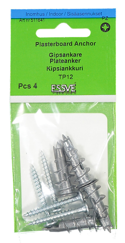 Förpackning med 4 gipsskruvar från Essve, art.nr 511643, grönt och vitt etikett.