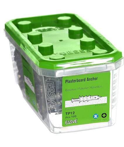 Transparent plastlåda med grönt lock innehållande 100 gipsskivpluggar, märkt "Plasterboard Anchor ESVE TP12".