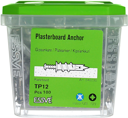 Plastlåda med grönt lock innehållande 100 TP12 gipsankare från ESSVE.