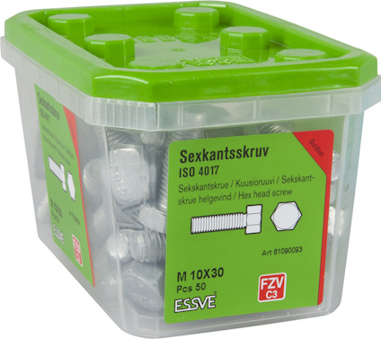 Sexkantskruv i plastlåda med grön lock. Märkning: M 10X30, 50 stycken, ISO 4017, FZV C3, Essve.