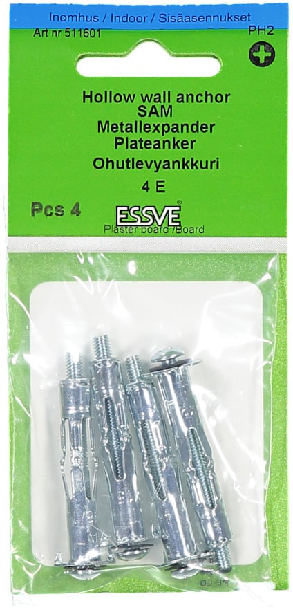 Förpackning med fyra metallexpander för inomhusbruk, Essve. Grön etikett med produkt- och instruktionstext på flera språk.