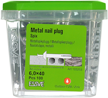 Grön förpackning med metal nail plug av märket ESSVE. Innehåller 100 st, storlek 6,0x40 mm. Art 105253.