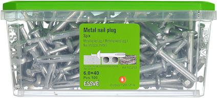 Genomskinlig låda med metallspikar från Essve, 6,0x40, 100 st. Grönt lock. Art.nr: 105235.