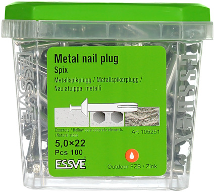 Essve metal nail plug box, contains 100 pieces, size 5.0 x 22 mm, zinc-coated for outdoor use.