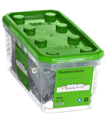 Plastlåda med grönt lock innehållande gipsskruv. Text på etikett: "Plasterboard Anchor TF27, PC 100, ESSVE, Art. 645050."