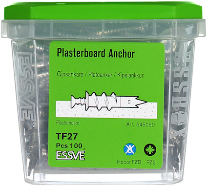 Grön förpackning med Plasterboard Anchor av märket ESSVE, TF27, 100 st, artikelnummer 645050.