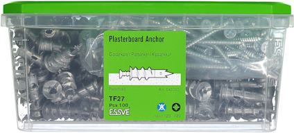 Förpackning med gipsankare, märkt "Plasterboard Anchor" från ESSVE, innehållande 100 stycken, med grön lock.