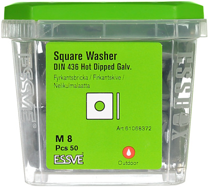 Förpackning med Essve fyrkantsbrickor DIN 436 galvaniserade M8, 50 st. Art 61068372.