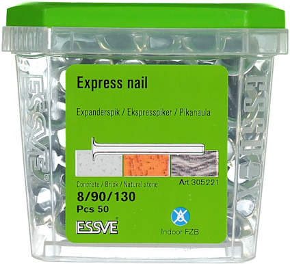 Förpackning med 50 express-spikar, märkta för betong, tegel och natursten, storlek 8/90/130. Art nr: 305221.