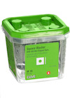 Klar plastförpackning med grönt lock innehållande fyrkantbrickor, text: "Square Washer DIN 436 Hot Dipped Galv. M 10 Pcs 50".