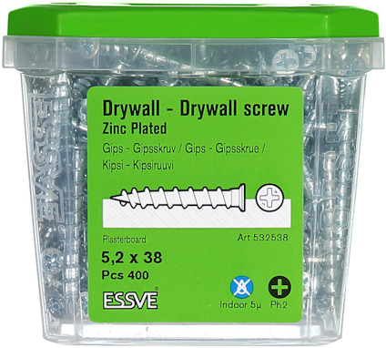 Förpackning med 400 st gips- och träskruvar, 5,2 x 38 mm, ESSVE, grönt lock, märkta för inomhusbruk.