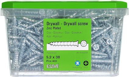 Plastlåda med 400 förzinkade gipsskruvar, 5,2 x 38 mm, av märket ESSVE. Grönt lock.
