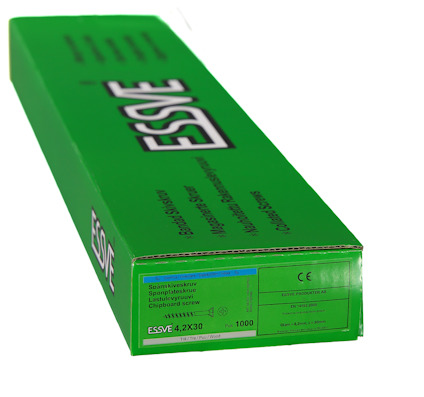 Grön förpackning med logotypen ESSVE, innehållande skruv av modell ESSVE 4.2X30, 1000 st.