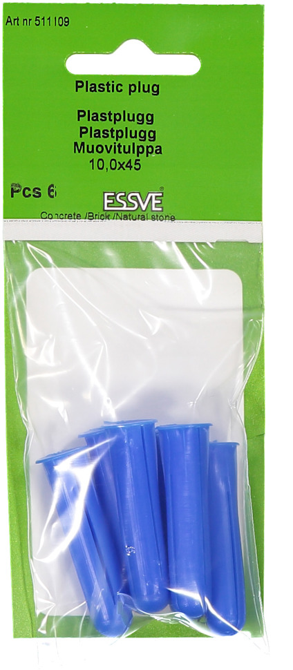 Förpackning med sex blåa plastpluggar, text på förpackningen: "Plastic plug, Plastplugg, Pcs 6, ESSVE".