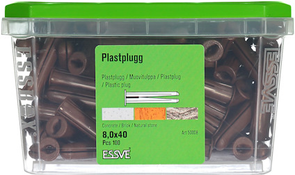 Plastpluggar i en plastlåda med grönt lock. Märkt "ESSVE 8x40 Pcs 100".
