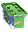 Grön och genomskinlig förpackning med plastpluggar, texten "Plastplugg 10x45 PS 10" och varumärket ESSVE.