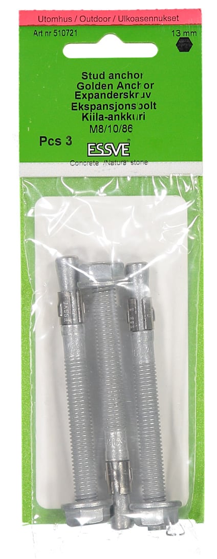 Grön förpackning med tre expanderbult M8/10x86, artikelnummer 51012, varumärke ESSVE.