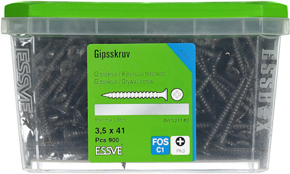 Plastlåda med 900 gipsskruvar från ESSVE, storlek 3,5 x 41 mm, Ph2.