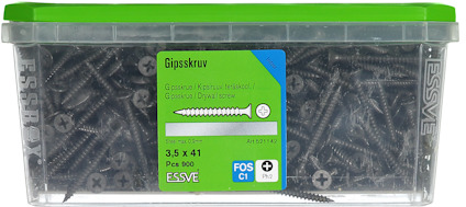 Förpackning med gipsskruvar, grön och transparent design, text: "Gipsskruv", "3,5 x 41", "900 pcs", märke "Essve".