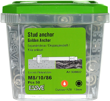 Förpackning med ESSVE expanderbult, "Golden Anchor", M8/10/86, 50 st.