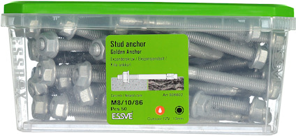 Förpackning med skruvankare från Essve, M8/10/86, 50 stycken, grön lock, etikett med produktinformation och streckkod.