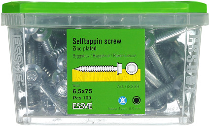 Plastlåda med grönt lock innehållande 100 självbortrande skruvar, 6,5x75 mm, zinkpläterade.