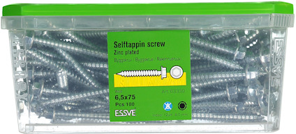 Transparent plastlåda med självborrande skruvar, 6,5x75 mm, förzinkade, 100 st, grön etikett med streckkod.