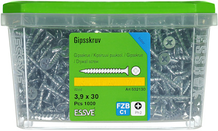 Behållare med gipsskruvar, etikett anger dimension 3,9 x 30 mm, 1000 st. Märkt med FZB, C1 och Ph2.