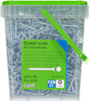 Grön plastbehållare med 2700 gipsskruvar, 3,9 x 30 mm. Text på flera språk. Märkt ESSVE, art.nr 532231.