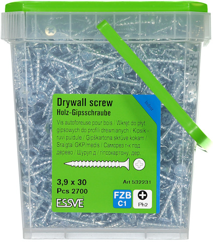 Grön plastbehållare med 2700 gipsskruvar, 3,9 x 30 mm. Text på flera språk. Märkt ESSVE, art.nr 532231.