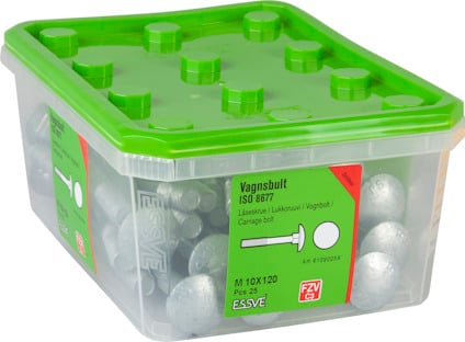 Förpackning med vagnsbultar ISO 8677, grönt lock, 25 st, M 10x120, Essve.