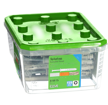 Grön plastlåda med skruvpluggar från ESVE, märkning "Spikplugg 8/40/75" för mindre byggprojekt.