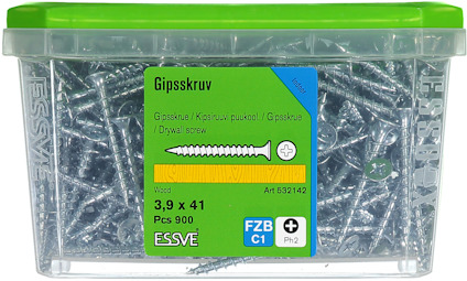Plastlåda med 900 gipsskruv 3,9 x 41 mm från ESSVE, grönt lock. Text: FZB C1, Ph2, Art 532142.