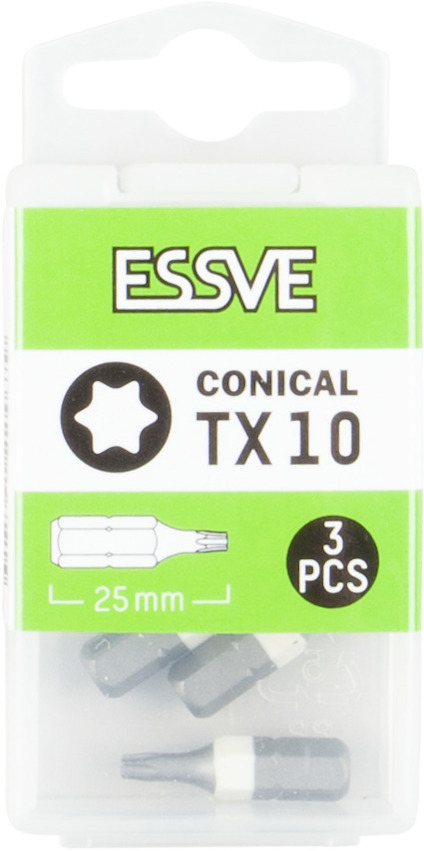 ESSVE verktygsbits TX10, packad i en plastförpackning; innehåller 3 st; 25 mm; konisk form.
