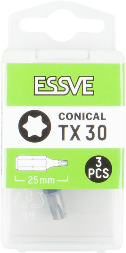 Förpackning med texten "ESSVE CONICAL TX 30, 25 mm, 3 PCS" och bild av en bits.