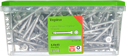 Transparent plastlåda med 250 vingskruvar, etikett märkt "Vingskruv 4.8x45" och produktnummer 996145.