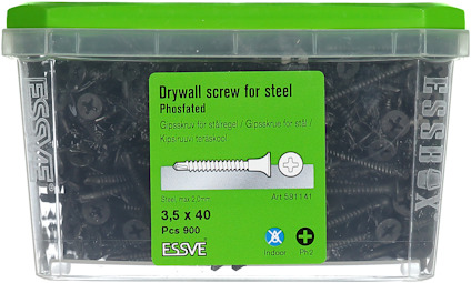 Låda med 900 gipsbitar för stål, 3,5 x 40 mm, från märket ESSVE.
