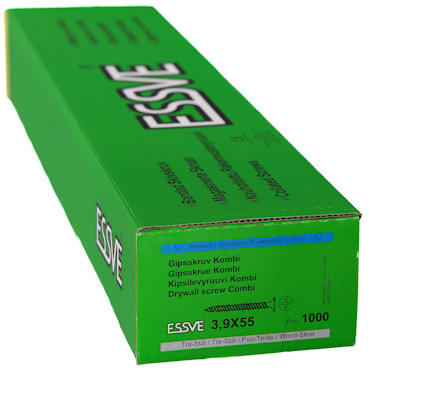 Grön låda med text: "ESSVE 3,9x55". Innehåller gipsskruv.