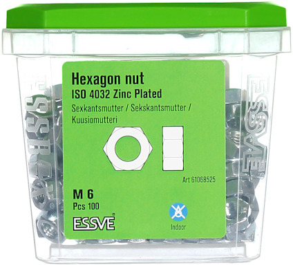 Förpackning med hexagonmutter ISO 4032, M6, zinkpläterade, 100 st, med grön etikett. Art 61068525.