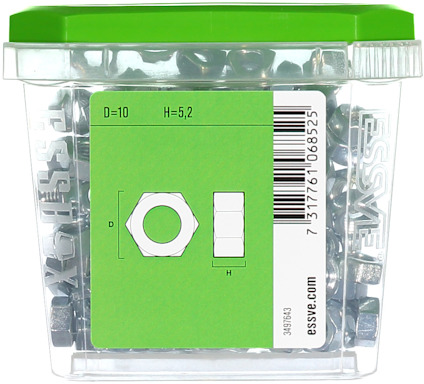 Plastförpackning med metallmuttrar. Grön etikett med måtten D=10 och H=5,2.
