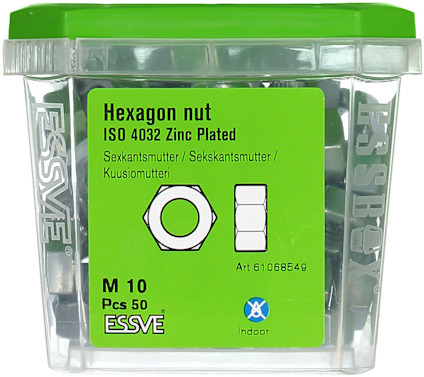 Förpackning med ESSVE sexkantmuttrar, M10, ISO 4032, zinkpläterade, 50 st.