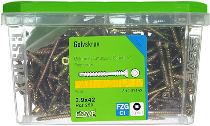 Plastförpackning med 250 golvskruvar 3,9x42 mm från ESSVE, etikett i grönt och blått.