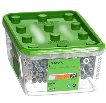 Förpackning med grå fasadpluggar från Essve, modell GXL 8x120, 50 stycken, i en genomskinlig plastlåda med grön lock.