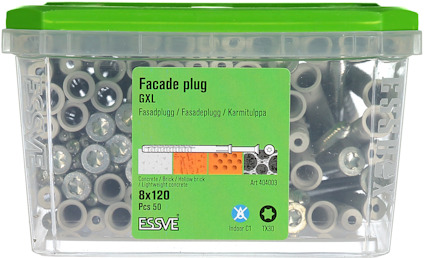 Förpackning med 50 st Essve GXL fasadplugg, 8x120, med grön lock och text på flera språk.