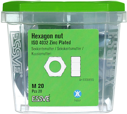 Förpackning med ESSVE hexlockmutter ISO 4032, zinkpläterad, M20, 20 st. Grön och transparent låda med text och illustration.
