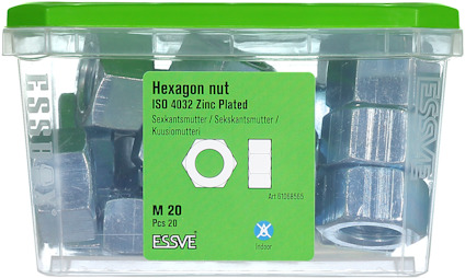 Förpackning med hexagonmuttrar, ISO 4032, zinkbelagda, M20, 20 stycken. Märkt Essve med grön lock. Art.nr 61068655.